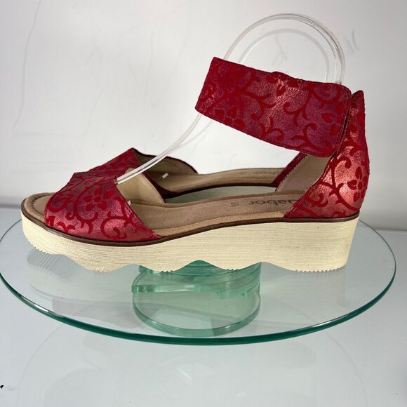 Gabor Paisley Wedge Sandals Red Platform Ankle Strap Leather - Picture 3 of 8